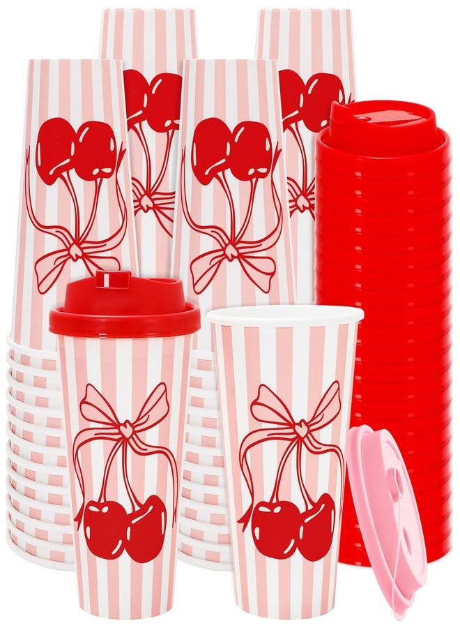 JarThenaAMCS 50 Set Coquette Cherry Disposable Coffee Cups with Lids 16oz Pink Bow Cherry Paper Drinking Cup Striped Paper Cup for Birthday Wedding Baby Shower Bachelorette Party Supplies - Image 1